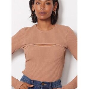 Agolde Lyza Cut Out Rib Top Tan Organic Cotton Long Sleeve Size Medium